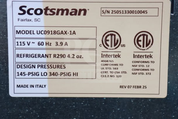 Scotsman UC0918GAX-1A 18" Air-Cooled Undercounter Ice Machine label, featuring model and serial numbers, voltage, and certifications.