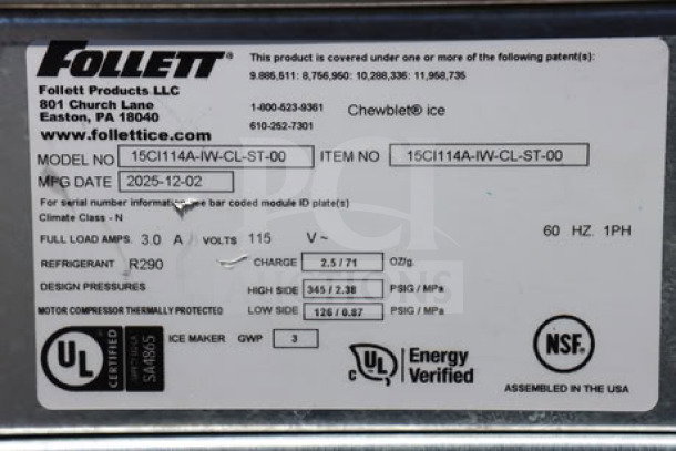 BRAND NEW Follett 15CI114A-IW-CL-ST-00 Ice Maker, Air-Cooled, Countertop, Chewblet, 15 lb. Bin, 115V, Model label shown.