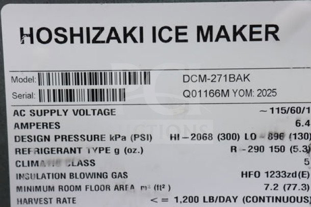 Hoshizaki DCM-271BAK ice maker label showing model, serial #Q01166M, 115 volts, 6.4 amps, air-cooled, ADA compliant.