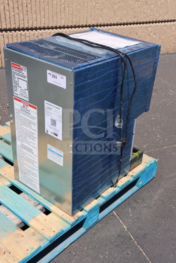 BRAND NEW Hoshizaki DCM-271BAK countertop ice maker and water dispenser on pallet, ADA compliant, minor scratches visible.