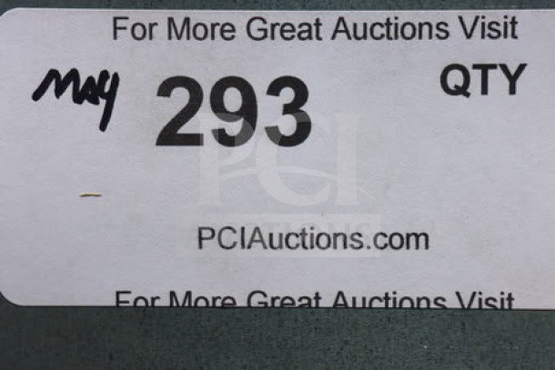 Auction label displaying "293 QTY," handwritten "May," and "PCIAuctions.com" on a gray background.