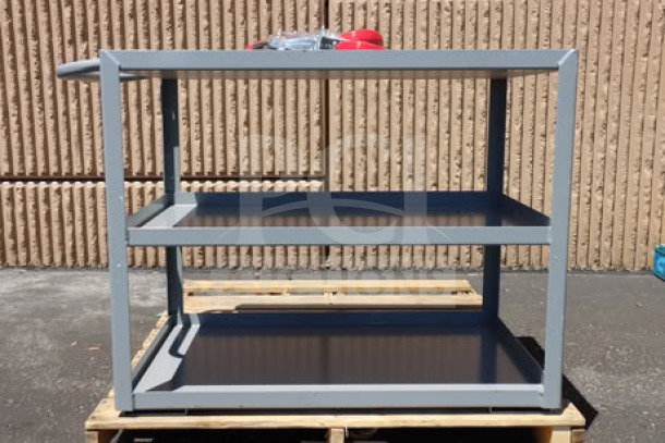 Lavex 275LSUC24363 steel utility cart, 36"x24"x35", three trays, fully welded, new without box, minor scratches/dents visible.