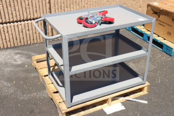 Lavex 275LSUC24363 steel utility cart, 36"x24"x35", three trays, fully welded, visible minor scratches and dents.