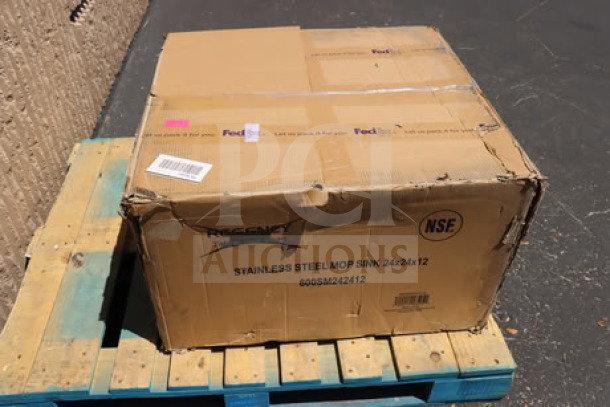 Damaged box containing Regency 600SM242412 one compartment stainless steel mop sink, 29" 16-gauge, NSF certified.