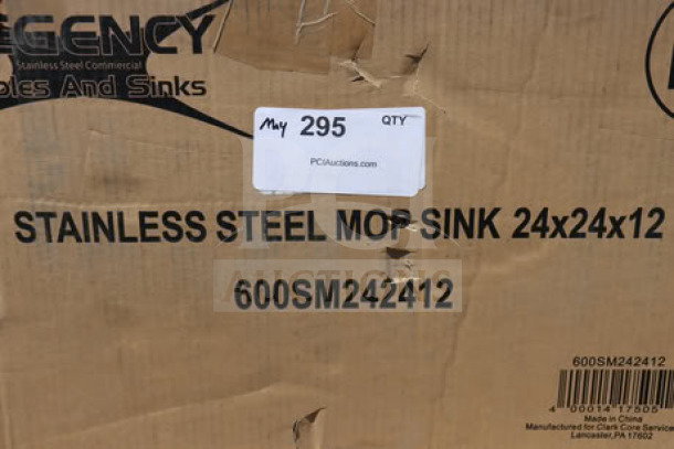 Regency 600SM242412 stainless steel mop sink box with visible damage. Features model number and size 24"x24"x12".