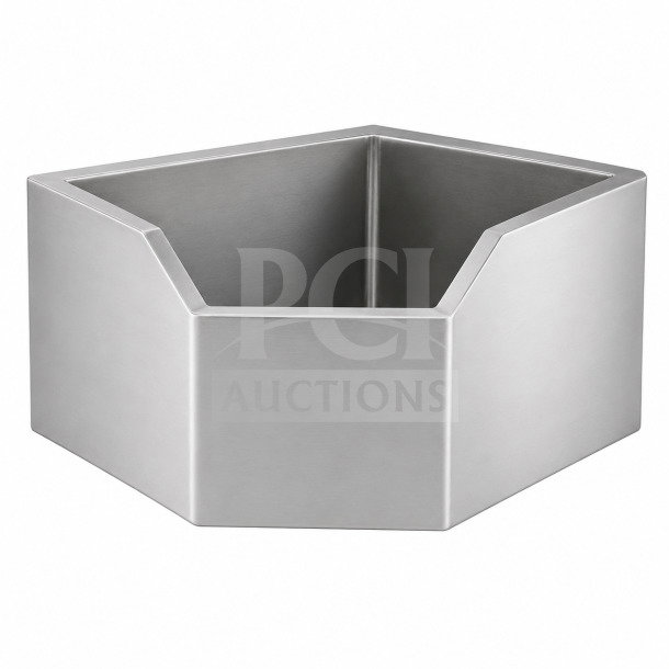 Brand new Regency 600SM202812C one-compartment corner mop sink, 16-gauge stainless steel, notched front, 28"x20"x12".