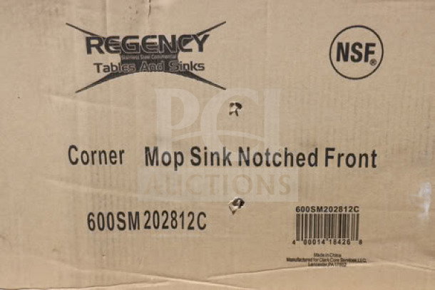 Regency 600SM202812C box label for a stainless steel corner mop sink, notched front, brand new, NSF certified.