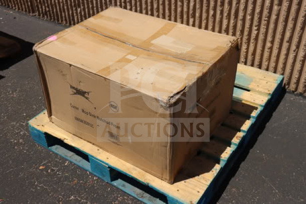 Regency 600SM202812C stainless steel one-compartment corner mop sink packaged in a cardboard box on a pallet.