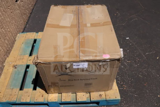Regency 600SM202812C stainless steel mop sink in original box on wooden pallet; box shows wear.