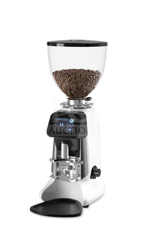 HeyCafe Buddy 2.6 lb. professional on-demand espresso grinder, model BUDDY, new, white, with digital display.