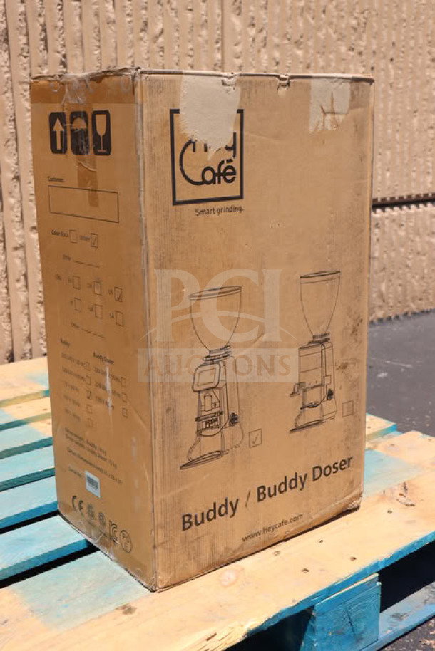New HeyCafe Buddy espresso grinder in box. Model Buddy, 2.6 lb, white, 110V. Serial No.: 22U0001956.
