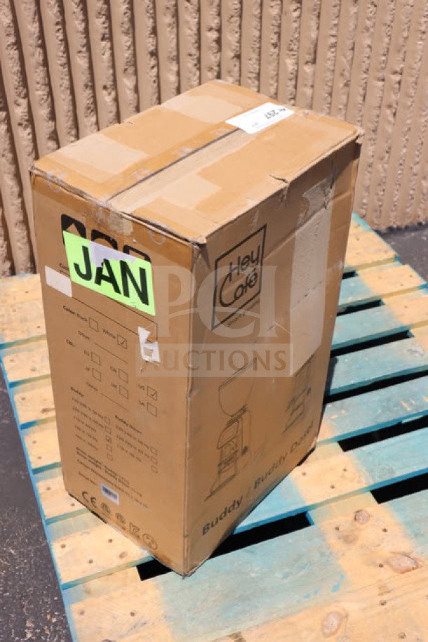 New HeyCafe Buddy espresso grinder in box, white, model BUDDY, 2.6 lb capacity, on-demand, 110V, serial 22U0001956.