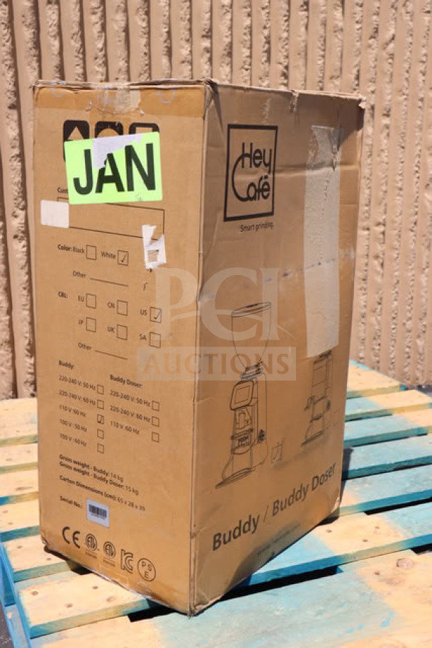 New HeyCafe Buddy on-demand espresso grinder in box, 2.6 lb capacity, white, model Buddy, 110V, serial no. 22U0001956.