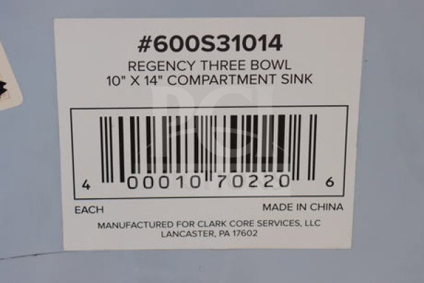 Barcode label of Regency 600S31014 commercial sink. Specifications: 39" three-bowl, bowl size 10"x12"x14", made in China.