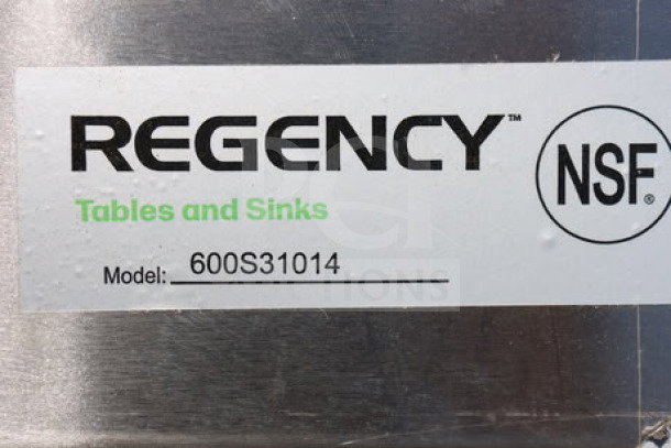 Regency 600S31014 label with NSF mark on scratch-n-dent commercial sink.