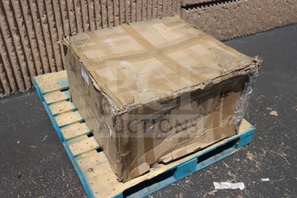 Damaged packaging for Regency 600SM242412 stainless steel mop sink on pallet; potential dents and scratches.
