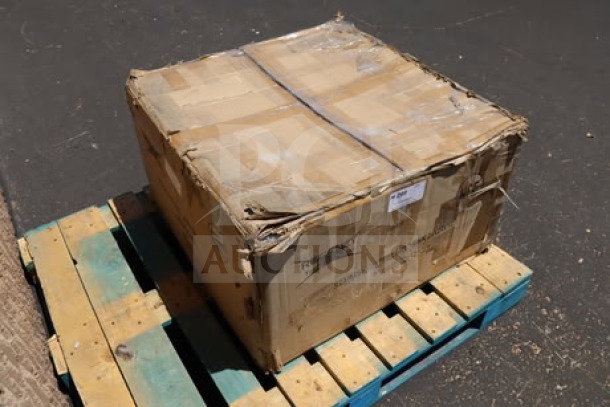 Damaged box on pallet containing Regency 600SM242412 mop sink. Original packaging shows wear, potential dents and scratches.