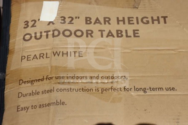 Pearl white Lancaster 32"x32" bar height outdoor table; durable steel, easy assembly, for indoor/outdoor use. Model 164RB323WHT.