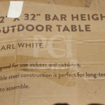 Pearl white Lancaster 32"x32" bar height outdoor table; durable steel, easy assembly, for indoor/outdoor use. Model 164RB323WHT.
