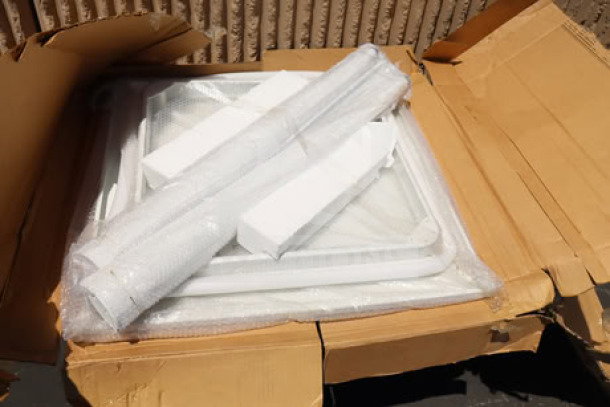 Brand new Lancaster Table & Seating 164RB323WHT 32" x 32" pearl white bar height outdoor table, unpacked.