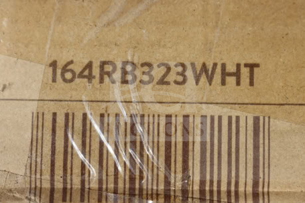 Barcode and model number 164RB323WHT on cardboard for a Lancaster Table & Seating outdoor table.