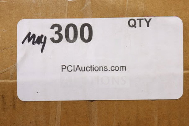 Item label showing "300 QTY" and "PCIAuctions.com" on a cardboard box background.