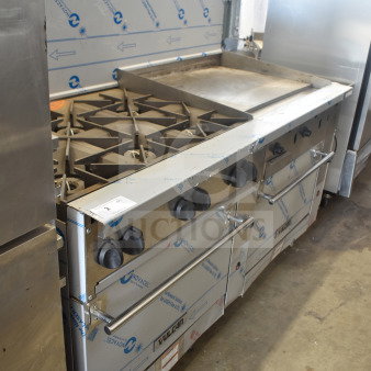 Vulcan 72SS-6B36GTN commercial range with 6 burners, flat top griddle, 2 ovens, and backsplash. New condition.