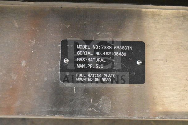 Vulcan 72SS-6B36GTN commercial gas range label, showing model number, serial number, gas type, and pressure.