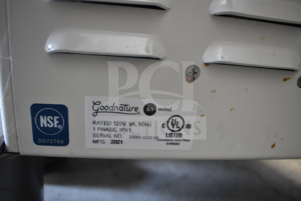 2021 Goodnature X-1 Mini Juicer label, 120V, 1 Phase. Features NSF certification and UL listing. Serial No. 22001-1222-05.