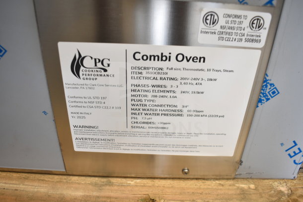 BRAND NEW Cooking Performance Group OCB210I 10 Pan Full Size Electric Combi Oven; broken glass shown, manual controls, 208/240V, 3 Phase.