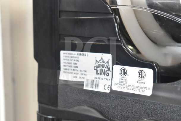 BRAND NEW Carnival King Aurora 2 frozen beverage machine, 1.6 gal, 120V, scratch and dent. Labels show specs and certifications.