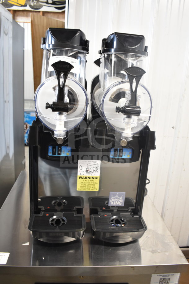 Brand new Carnival King Aurora 2 granita machine. Double 1.6-gallon tanks, pourover design. 120V, 1 phase. Warning label visible.