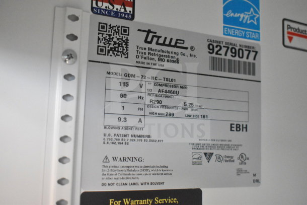 True GDM-72-HC cooler label, showing model info, 115V, 60Hz, refrigerant R290, Energy Star logo, serial 9279077.