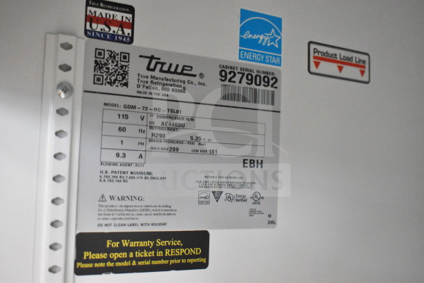2017 True GDM-72-HC commercial cooler label; 3 doors, 115V, 1 phase, Energy Star certified, Made in USA. Serial 9279092.