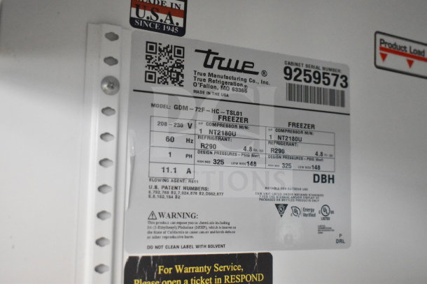 Label of a 2017 True GDM-72F-HC Commercial Freezer, showing model, volts, phase, refrigerant, and serial number details.