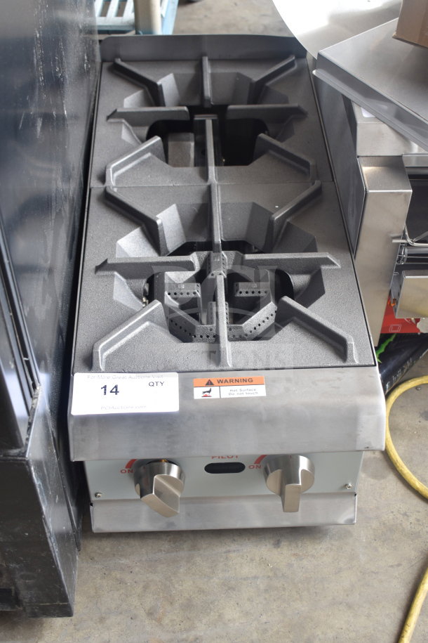BRAND NEW Cooking Performance Group 2 Burner Natural Gas Range, Model 351RCPG12NL, 44,000 BTU, minor scratches, tags visible.