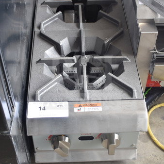 BRAND NEW Cooking Performance Group 2 Burner Natural Gas Range, Model 351RCPG12NL, 44,000 BTU, minor scratches, tags visible.