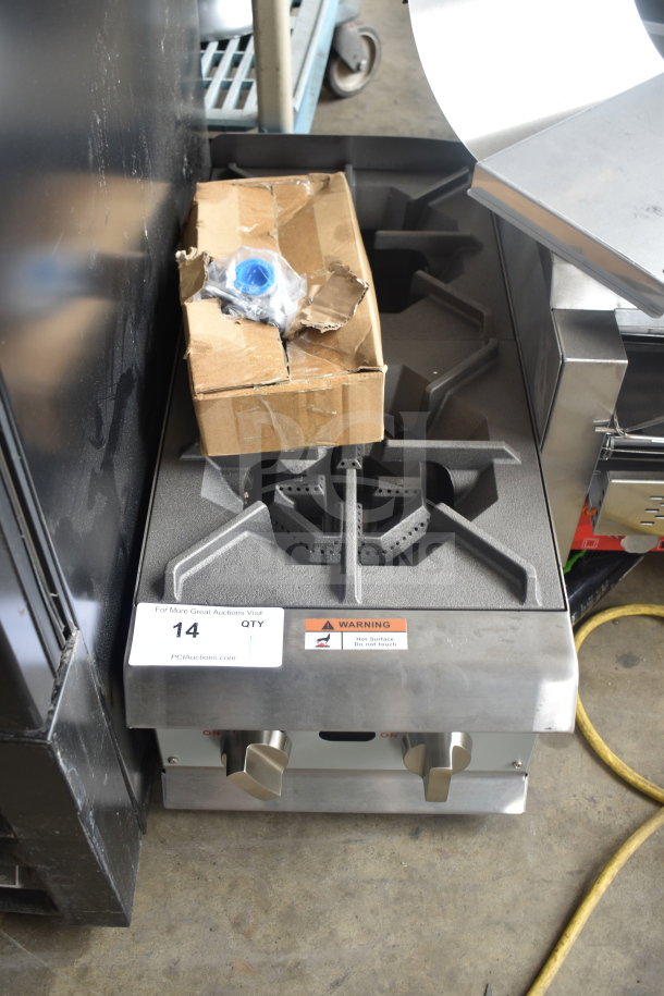 BRAND NEW Cooking Performance Group 2 Burner Natural Gas Range, Model 351RCPG12NL, 44,000 BTU, with warning label.