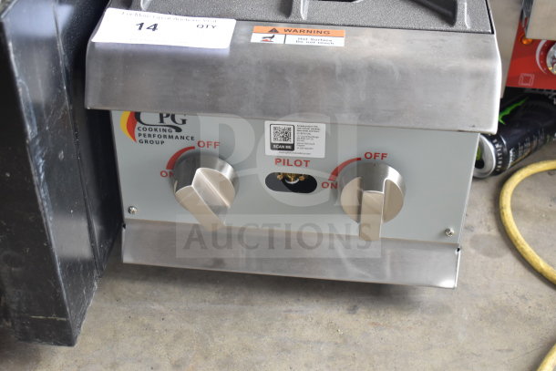 BRAND NEW 2025 Cooking Performance Group R-CPG-12-NL, 2 Burner Gas Countertop Range, 44,000 BTU, visible control knobs, caution label.