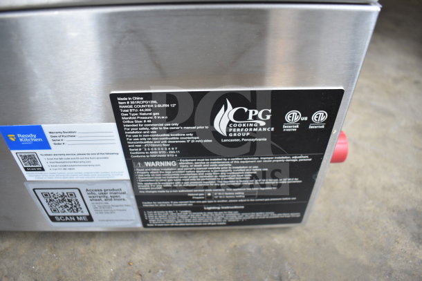 BRAND NEW 2025 Cooking Performance Group 351RCPG12NL 2 Burner Natural Gas Range, 44,000 BTU, with manufacturer labels.