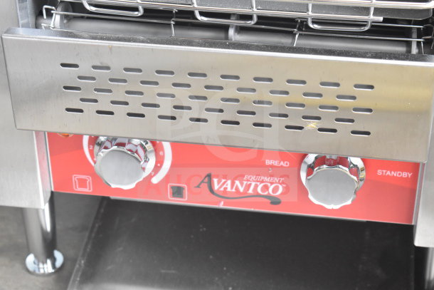 Brand new Avantco 184T140 commercial conveyor toaster, 10" wide, 3" opening, 300 slices/hour, 120V, slight scratch.