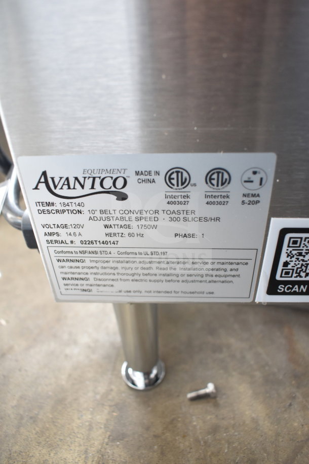 Avantco 184T140 commercial conveyor toaster label, 10" wide, 3" opening, 300 slices/hr, 120V, 1 phase, brand new.