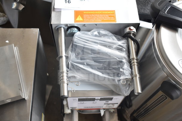 BRAND NEW Narvon 378CSFA 90-98 mm PP/PET Cup Sealing Machine, 110V, 1 Phase, 2025 model. Visible warning label.