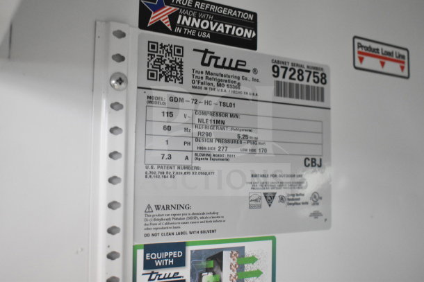 Label of 2019 True GDM-72-HC Commercial Cooler, model info, 115V, 1 phase; tested and working. Serial 9728758.
