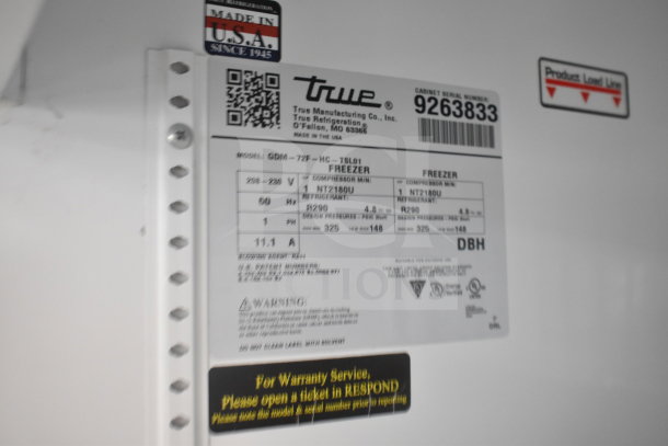 2017 True GDM-72F-HC Freezer tag; specs: 115/208-230V, 1 phase. Model info, Made in USA label, warranty notice visible.