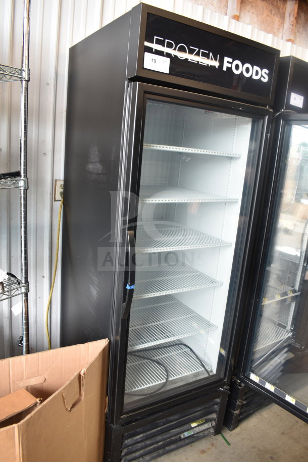 2019 True GDM-23F-HC commercial freezer, single glass door, 115V, 1-phase, "Frozen Foods" label, excellent condition.