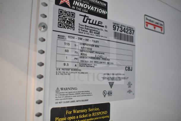Label on 2019 True GDM-23F-HC Freezer, 115V, 1 Phase. Serial number 9734237. Contains compressor and refrigerant details.