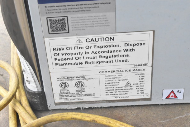 BRAND NEW SCRATCH AND DENT Avantco 194MCH430A Ice Machine, 400 lb., 115V, 1 Phase. Features caution label, model details.