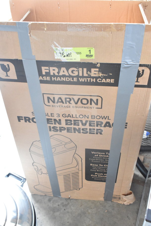 Boxed Narvon 378SM1 Single 3 Gallon Pourover Granita Machine. Scratch and dent. 115V, 1 Phase. Handle with care label.