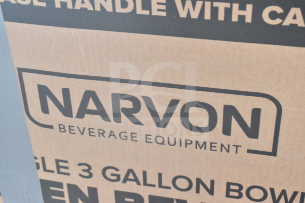 Brand new Narvon 378SM1 Single 3 Gallon Pourover Granita Machine packaging, 115V, 1 Phase. Visible branding and details.